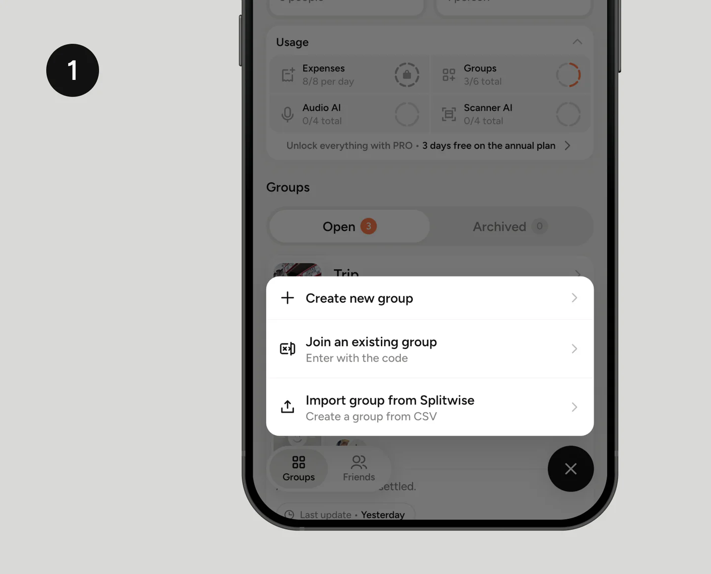 Etapa 1 da importação: menu da home do TakeControl com a opção Importar grupo do Splitwise