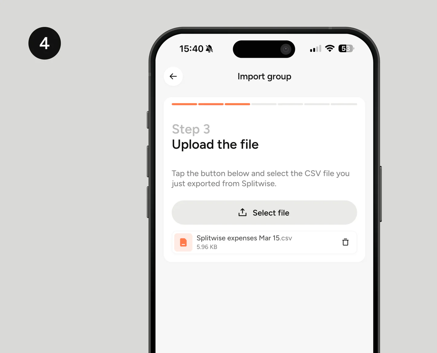 Etapa 4 da importação: seleção do arquivo CSV exportado do Splitwise