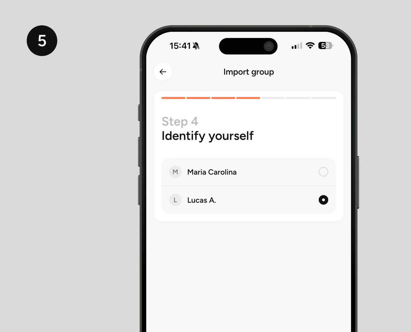 Etapa 5 da importação: seleção do próprio usuário entre os participantes do Splitwise