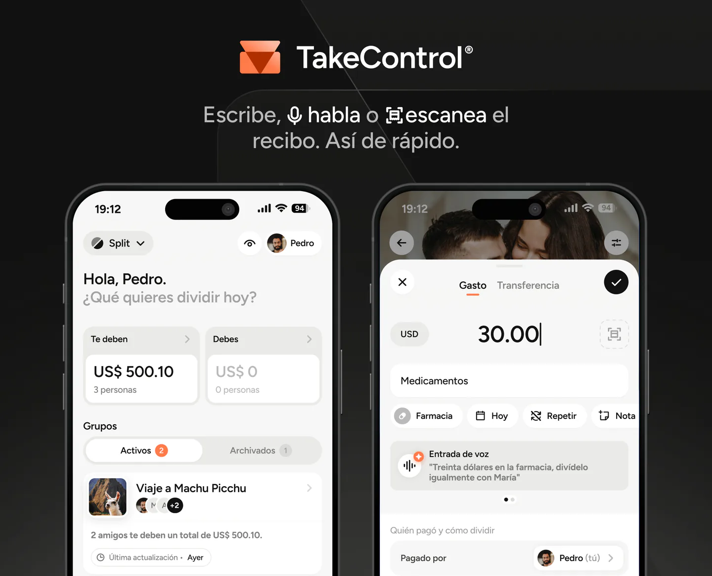 Pantallas de TakeControl para organizar y dividir gastos