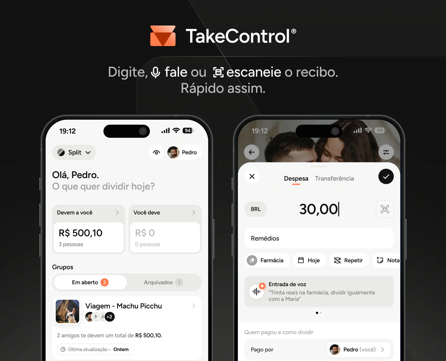 Telas do TakeControl para organizar e dividir despesas
