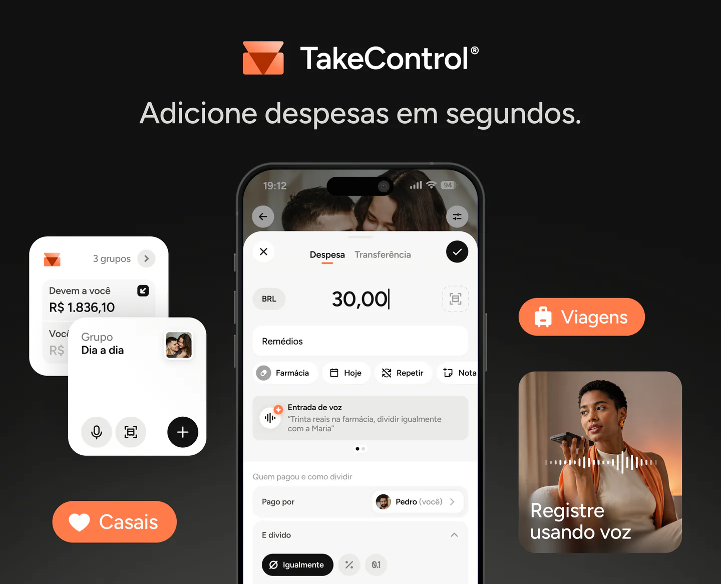 TakeControl adicionando despesas em segundos por texto, voz ou recibo